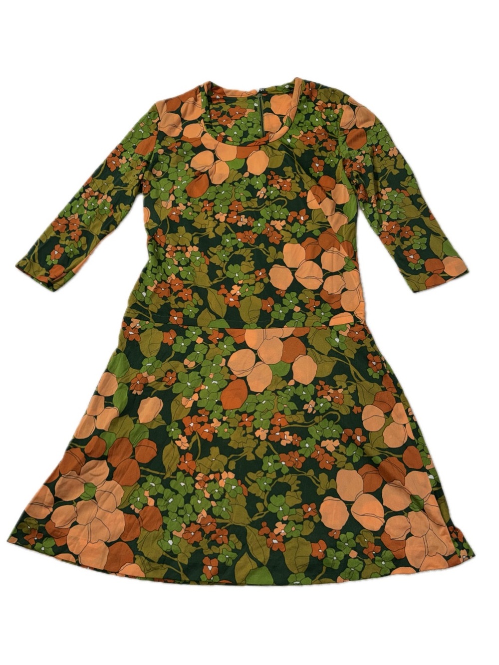Vintage Floral A-Line Dress in Olive Green and Peach with a drop waist